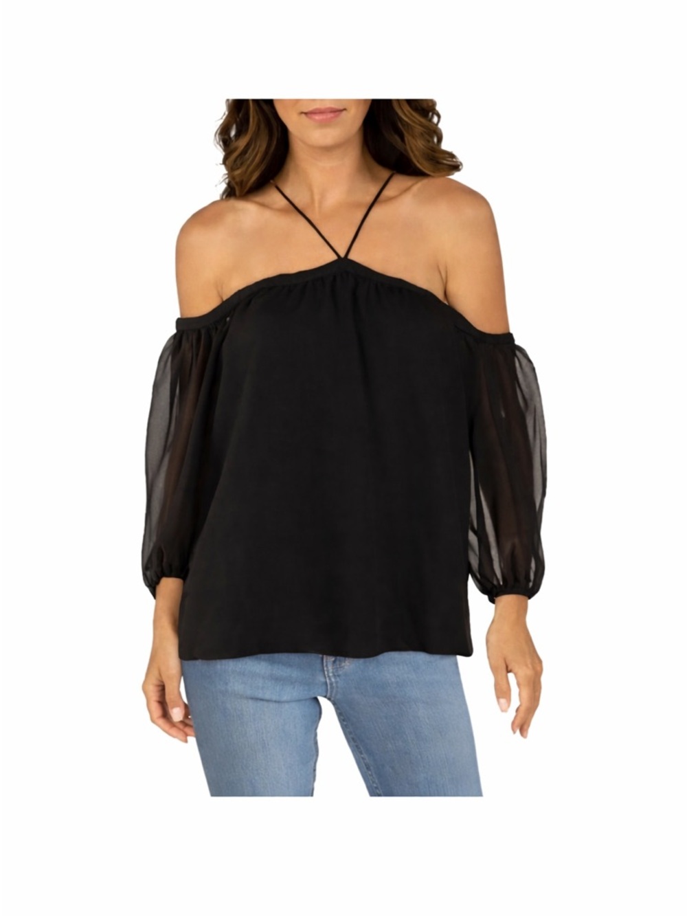 1. State Off Shoulder Blouse Women's Black Size L Sheer Chiffon Puff Sleeve.